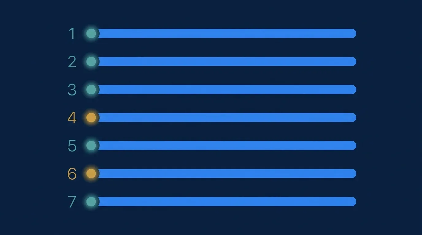 A deep navy editorial illustration styled like a diagnostic instrument panel. Seven small azure indicator lights run in a vertical column on the right, two of them glowing warm amber to signal a problem, each connected by a thin line to a label. The left two-thirds of the canvas is clean negative space. Flat vector consulting style, faint architectural grid background.