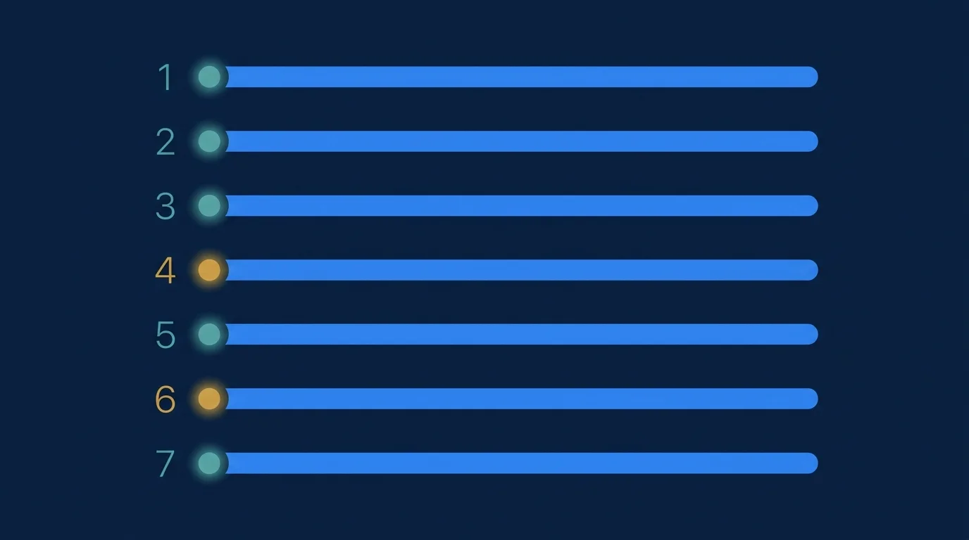 A deep navy editorial illustration styled like a diagnostic instrument panel. Seven small azure indicator lights run in a vertical column on the right, two of them glowing warm amber to signal a problem, each connected by a thin line to a label. The left two-thirds of the canvas is clean negative space. Flat vector consulting style, faint architectural grid background.