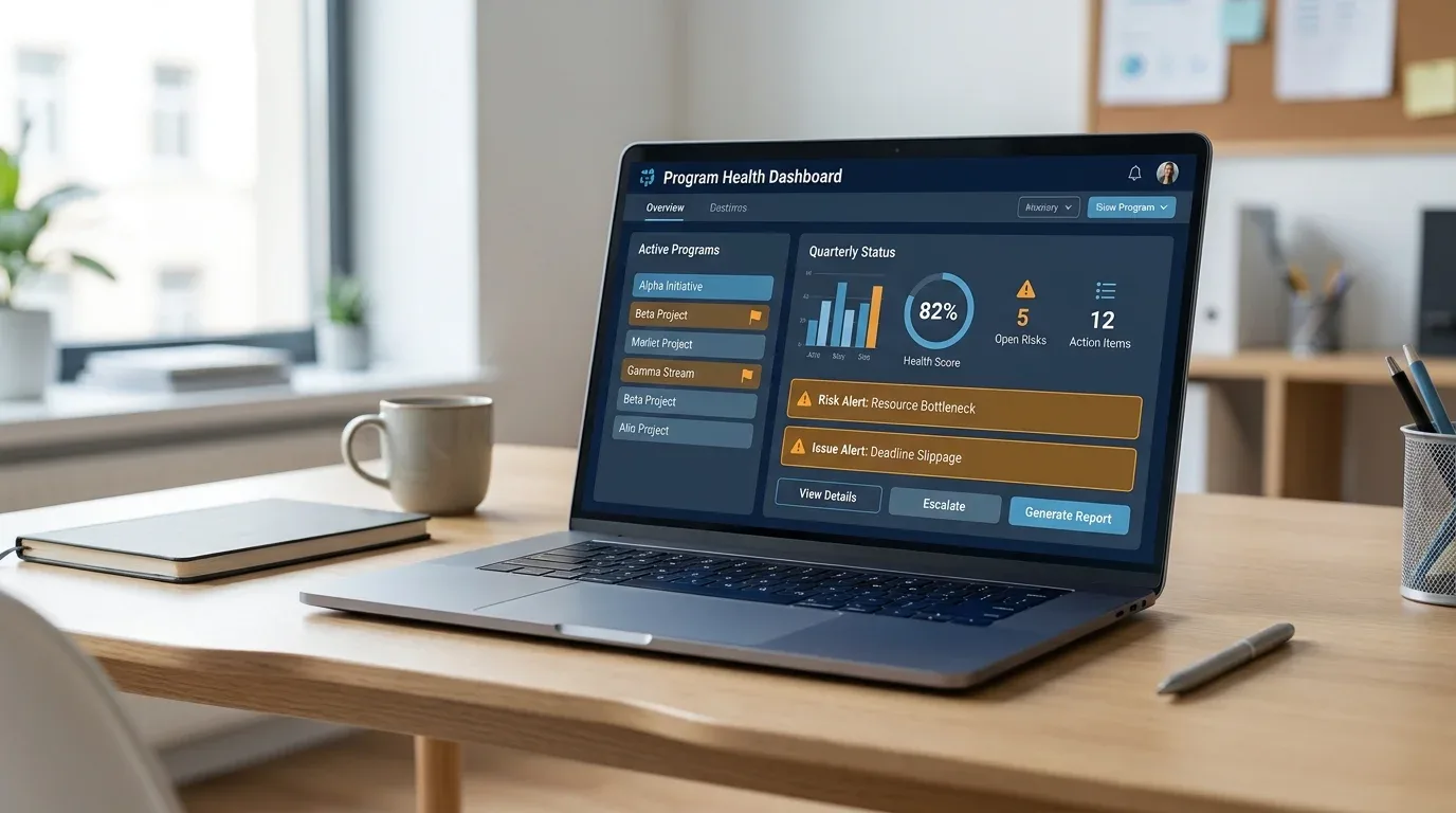 A laptop on a clean desk showing a fictional program-health review screen: a calm list of items with two amber status flags drawing the eye, illustrating an analyst reading the signals a program already shows.