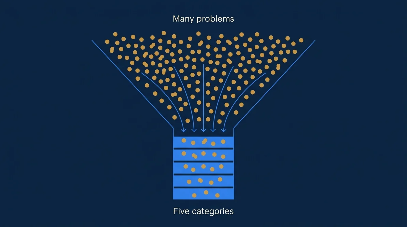 A deep navy funnel illustration. At the wide top, a scattered cloud of small amber dots labeled as dozens of unique problems. The funnel narrows and the dots resolve into five clean azure bands at the bottom, labeled Ownership, Workflow, Measurement, Governance, Architecture. Flat editorial vector style, subtle grid texture, generous negative space on the left.