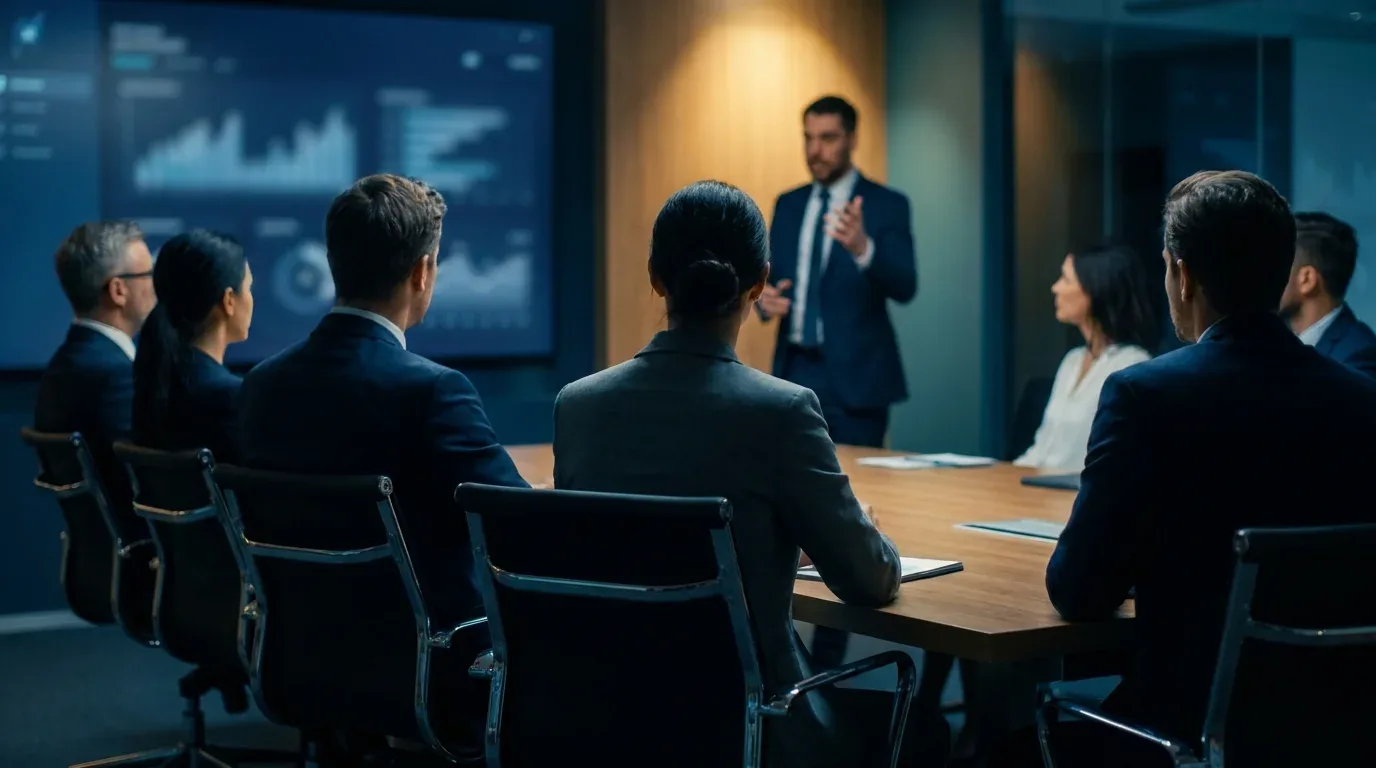 A modern meeting room viewed from the back, no faces visible. Several professionals sit around a table facing a presentation screen while one animated participant, lit brighter, dominates the room, illustrating the loudest voice commanding attention.