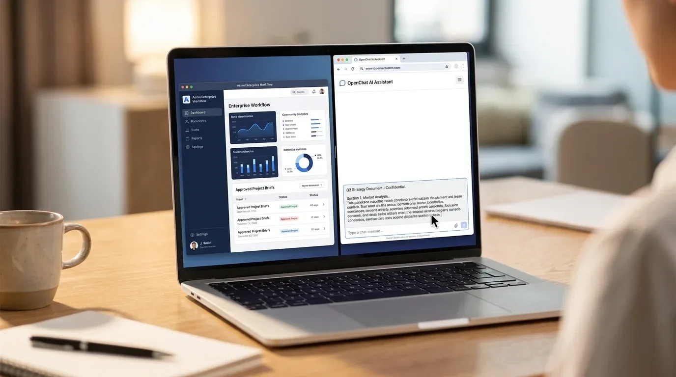 A modern office desk with an open laptop showing two windows side by side: an approved internal business app on the left, and a personal browser open to a generic AI chat on the right with text mid-paste, illustrating work quietly routed into an unofficial side tool.