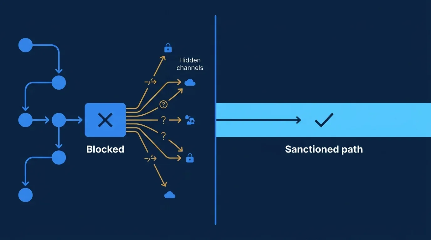 A two-part diagram on deep navy. On the left, an approved workflow hits a blocked node and thin amber lines leak out to scattered hidden channels, showing relocated risk. On the right, a single clean wide azure channel flows freely, labeled the sanctioned path.