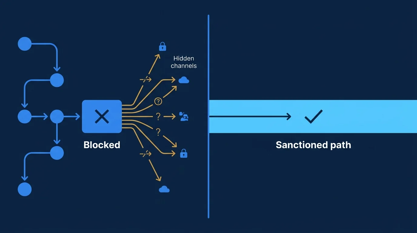 A two-part diagram on deep navy. On the left, an approved workflow hits a blocked node and thin amber lines leak out to scattered hidden channels, showing relocated risk. On the right, a single clean wide azure channel flows freely, labeled the sanctioned path.